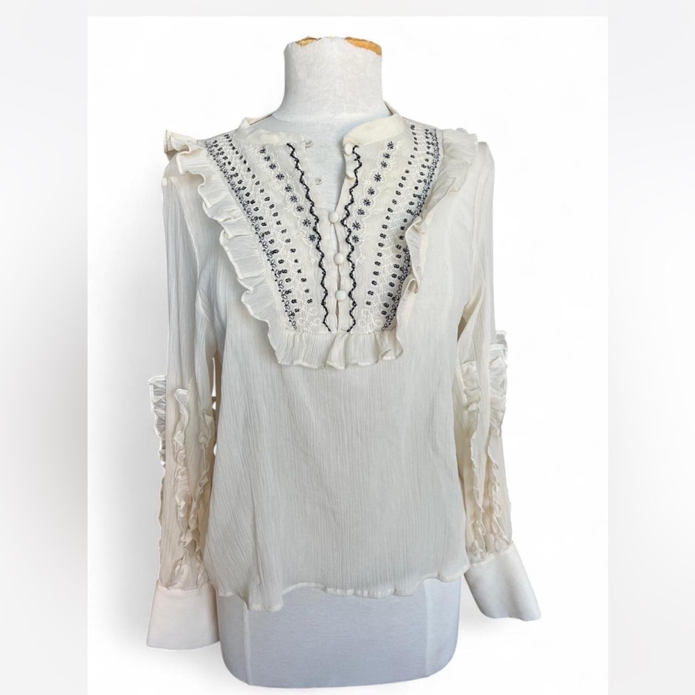 Zara Ecru and Black Romantic Embroidered Sheer Ruffled Blouse. Size Large